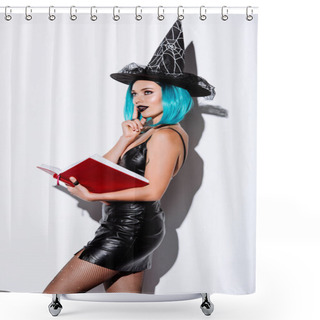Personality  Sexy Girl In Black Witch Halloween Costume With Blue Hair Holding Book On White Background Shower Curtains