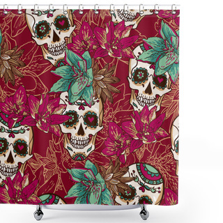 Personality  Skull, Hearts And Flowers Seamless Background Shower Curtains