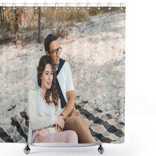 Personality  Romantic Couple Resting On Blanket On Sandy Beach Shower Curtains