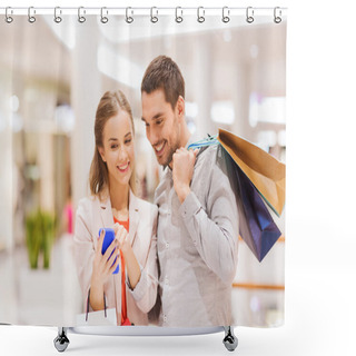 Personality  Couple With Smartphone And Shopping Bags In Mall Shower Curtains