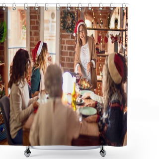 Personality  Beautiful Group Of Women Smiling Happy And Confident. Carving Roasted Turkey Celebrating Christmas At Home Shower Curtains