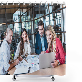 Personality  Business Team Discussing New Business Project At Workplace With Papers And Laptop In Office Shower Curtains