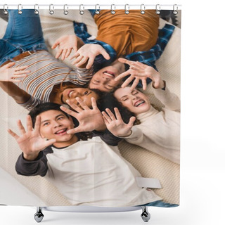 Personality  Overhead View Of Smiling Multiethnic Teens Waving Hands Shower Curtains