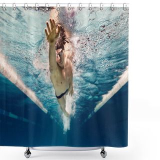 Personality  Underwater Picture Of Young Swimmer In Goggles Exercising In Swimming Pool Shower Curtains