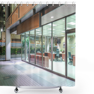 Personality  Office Building And Empty Footpath At Night Shower Curtains