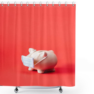 Personality  Piggy Bank In Small Medical Mask On Red With Copy Space  Shower Curtains