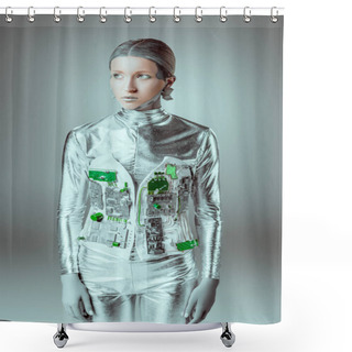 Personality  Futuristic Silver Woman Robot Looking Away Isolated On Grey, Future Technology Concept  Shower Curtains