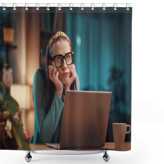 Personality  Bored Disappointed Woman Sitting At Desk And Working With Her Laptop At Home Shower Curtains
