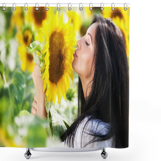 Personality  Young Woman In Sunflower Field Shower Curtains