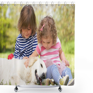 Personality  Two Children Petting Family Dog In Summer Field Shower Curtains