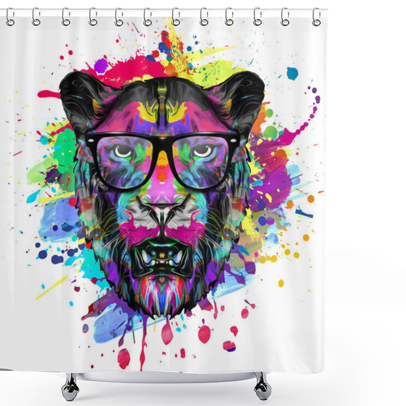 Personality  Tiger Head In Eyeglasses With Colorful Creative Abstract Element On White Background Shower Curtains