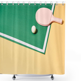 Personality  Racket And Ball For Ping Pong On Playing Table On Yellow Background Shower Curtains