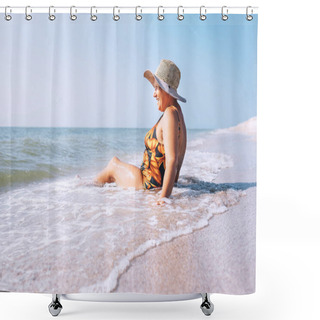 Personality  Senior Woman Enjoy Beach Vacation Sitting On The Sea Surfline Shower Curtains