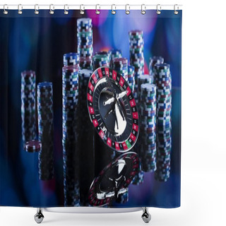 Personality  Casino Theme. High Contrast Image Of Casino Roulette And Poker Chips On A Gaming Table, All On Colorful Bokeh Background. Place For Typography And Logo. Shower Curtains