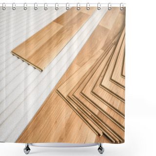 Personality  Tiles Of Light Brown Laminated Floor With Wooden Effect Laying On White Base Foam, Ready To Be Installed Shower Curtains