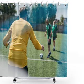 Personality  Back View Of Goalkeeper And Elderly Men On Football Field Shower Curtains