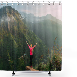 Personality  Girl Meets Sunrise In The Mountains. Girl Traveling To Sri Lanka. Mountain Sports. Athlete Happy Finish. Mountain Tourism. Walking Tour. The Journey To The Mountains. Nordic Walking. Rear View Shower Curtains