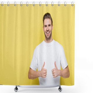 Personality  Pleased Man Smiling At Camera And Showing Thumbs Up On Yellow Shower Curtains
