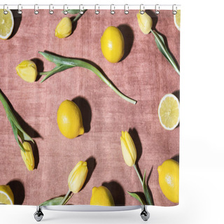 Personality  Lemons And Yellow Tulips On A Retro Orange Tablecloth  Shower Curtains