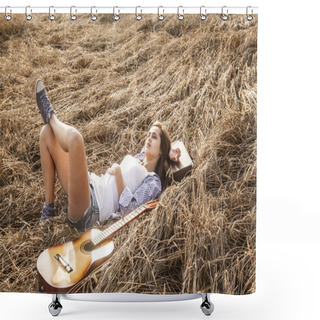Personality  Brunette Girl Laying Near Guitar Shower Curtains