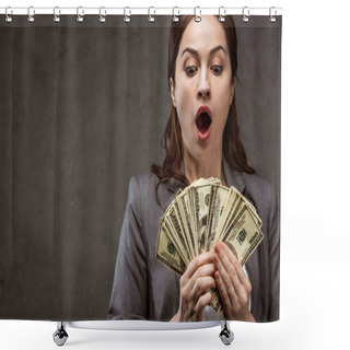 Personality  Shocked Brunette Businesswoman Looking At Dollar Banknotes On Grey  Shower Curtains