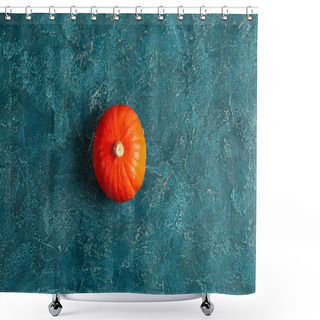 Personality  Thanksgiving Backdrop, One Bright Orange Pumpkin On Blue Textured Background, Top-down Perspective Shower Curtains