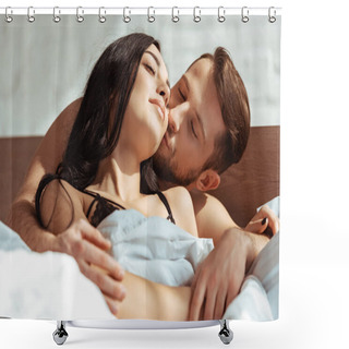 Personality  Good-looking Man Kissing Beautiful And Brunette Woman In Bedroom  Shower Curtains