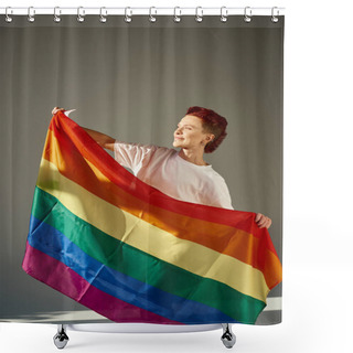 Personality  Happy And Unique Queer Person In White T-shirt Posing With Rainbow Colors LGBT Flag On Grey Backdrop Shower Curtains