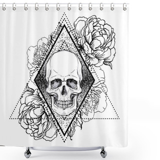 Personality  Human Skull With Peony, Rose And Poppy Flowers Over Sacred Geometry  Background.Tattoo Design Element. Vector Illustration. Shower Curtains