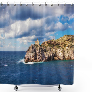 Personality  Lighthouse On The Rocky Aegean Shore Shower Curtains