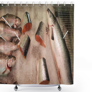 Personality  Russia, St. Petersburg 20,11,2018 Fresh Fish Salmon In The Supermarket Shower Curtains