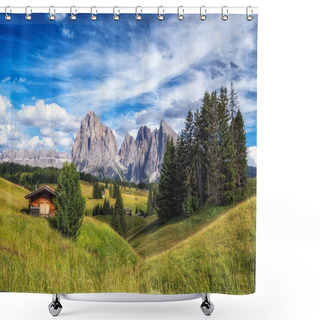 Personality  Alpe Di Siuss Or Seiser Alm Alpine Meadows View With Langkofel Mountains In The Background. Taken In Dolomites, Italy Shower Curtains