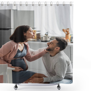 Personality  Smiling Young Man Sitting Near Pregnant Woman With Pouting Lips In Kitchen Shower Curtains