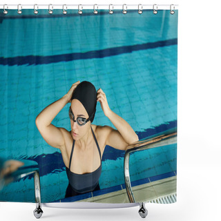 Personality  A Young Woman In A Swimsuit And Swim Cap Standing Next To An Indoor Swimming Pool, Ready To Take A Dip On A Sunny Day. Shower Curtains