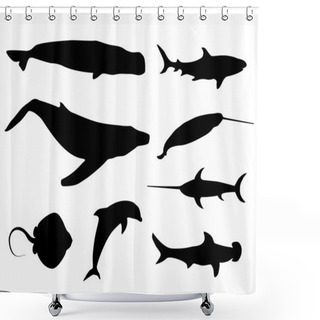 Personality  Set Of Black Isolated Contour Silhouettes Of Fish Shower Curtains