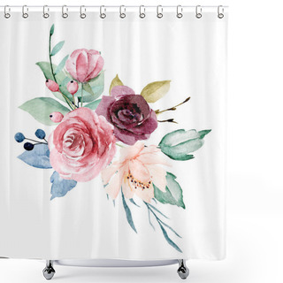 Personality  Beautiful Watercolor Flowers, Botanic Composition For Wedding Or Greeting Card Shower Curtains
