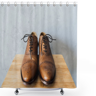 Personality  Brown Oxford Shoes On Wooden Stool Shower Curtains
