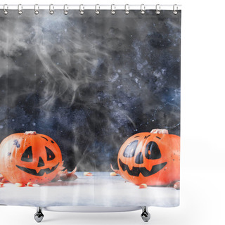 Personality  Halloween Festive Composition With Smiling Pumpkins Guards, Lantern, Straw And Fallen Leaves On Dark Wooden Background, Rustic Style, Selective Focus Shower Curtains