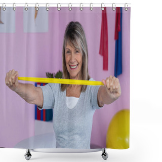 Personality  Senior Woman Exercising With Exercise Band Shower Curtains