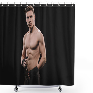 Personality  Athletic Muscular Mma Fighter Fixing Bandages And Looking At Camera Isolated On Black Shower Curtains
