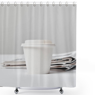 Personality  Selective Focus Of Paper Cup Near Newspapers On Grey  Shower Curtains