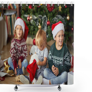 Personality  Child Boy In Santa Hat At Christmas.Happy  Childhood On  Christm Shower Curtains