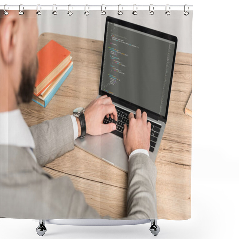 Personality  KYIV, UKRAINE - NOVEMBER 25, 2019: Partial View Of Programmer Using Laptop With Javascript On Screen Isolated On Grey Shower Curtains