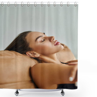 Personality  Close Up Portrait Of Beautiful Young Woman With Closed Eyes Resting On Bean Bag Chair At Home Shower Curtains