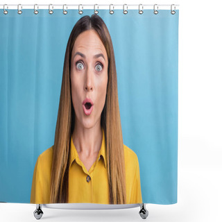 Personality  Photo Of Cool Mature Brown Hairdo Lady Look Camera Wear Yellow Shirt Isolated On Blue Color Background Shower Curtains