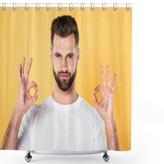 Personality  Handsome Man In White T-shirt Showing Okay Signs Isolated On Yellow Shower Curtains