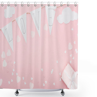 Personality  Top View Of Paper Garland With 'love' Lettering And Gift Box Isolated On Pink, St Valentines Day Concept Shower Curtains