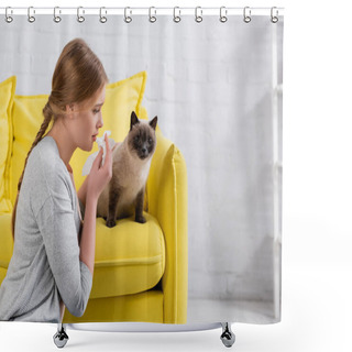 Personality  Side View Of Woman With Napkin Looking At Siamese Cat During Allergy At Home  Shower Curtains