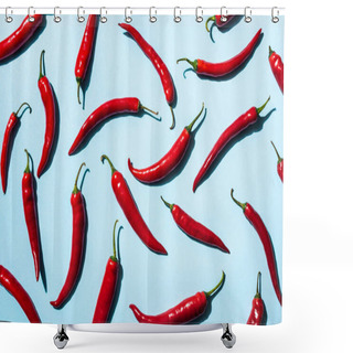 Personality  Top View Of Red Chili Peppers On Blue Background Shower Curtains