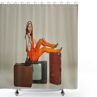 Personality  Retro Style Woman Sitting On Vintage Suitcases And Tv Set While Talking On Corded Phone On Grey Shower Curtains